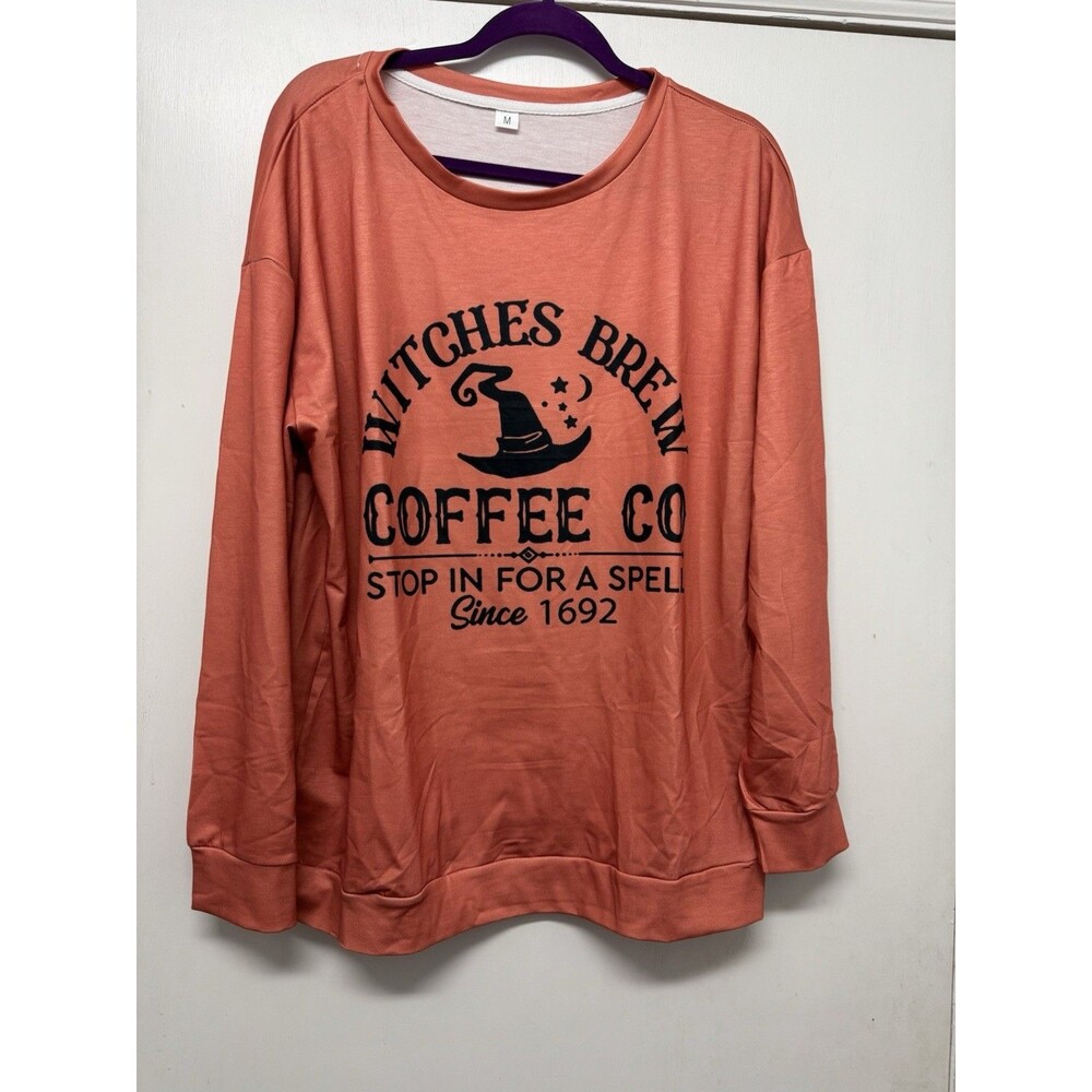 Women’s Lightweight Halloween Sweatshirt, Oversized, Sz M Orange Witches Brew